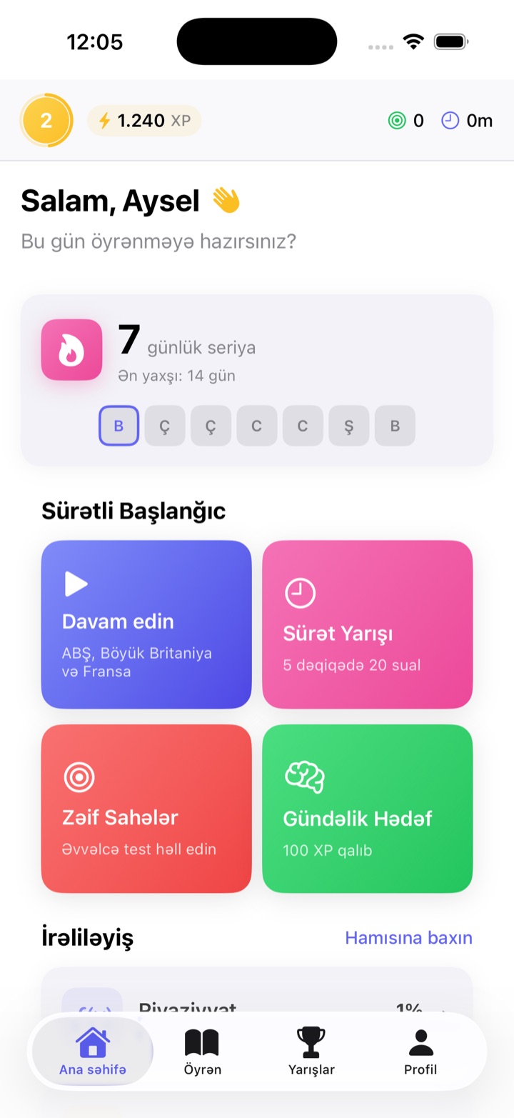 iOxu Home screen — daily streak, XP and quick-start cards
