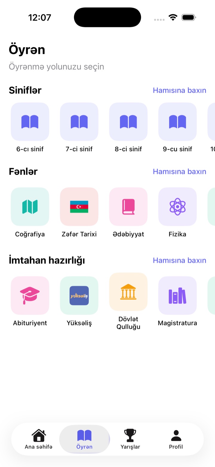 iOxu Learn screen — grades, subjects and exam preparation